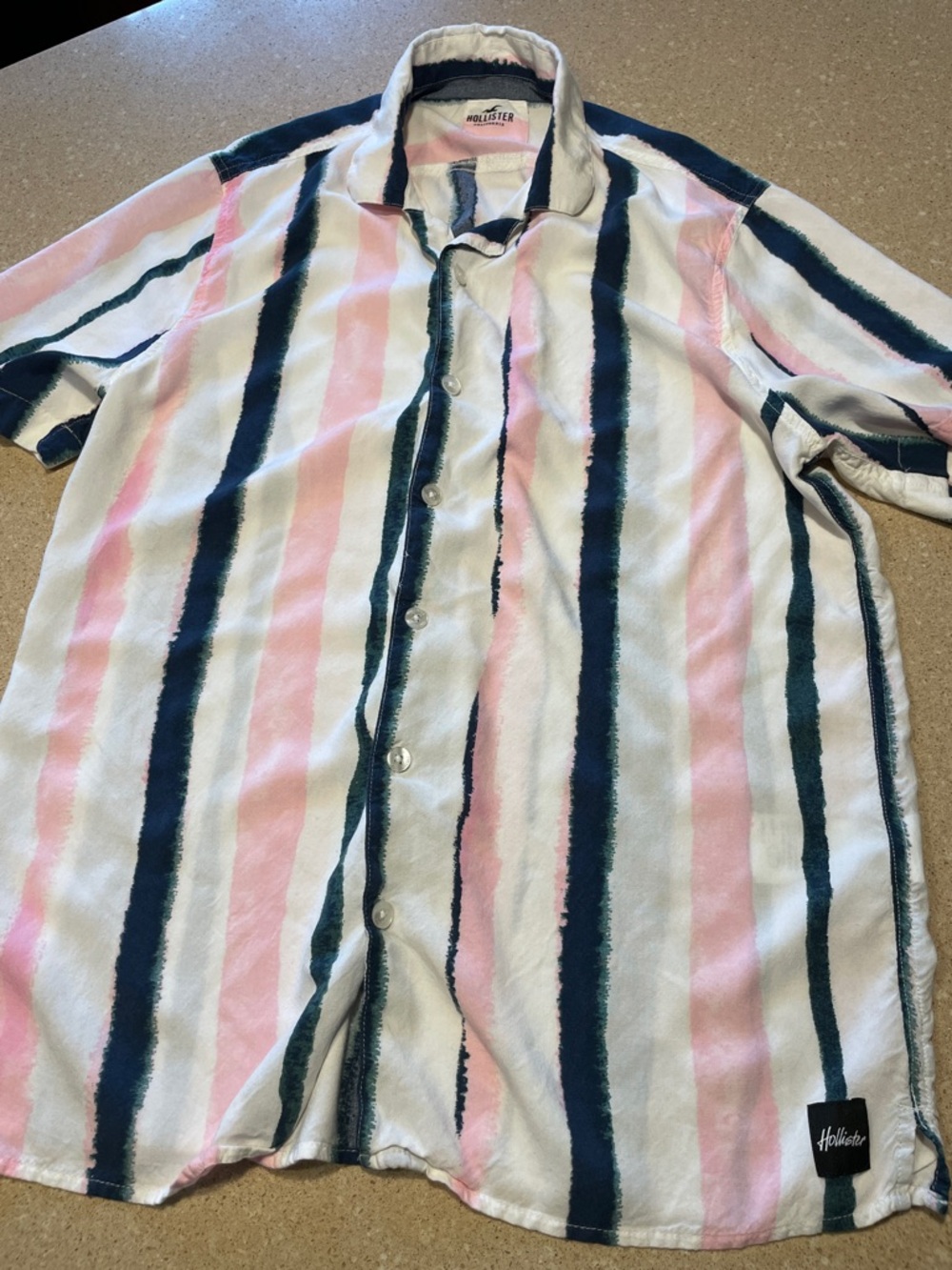 Vintage Hollister Men’s Pink, Navy & White Stripe Short-Sleeve Button-Up Shirt